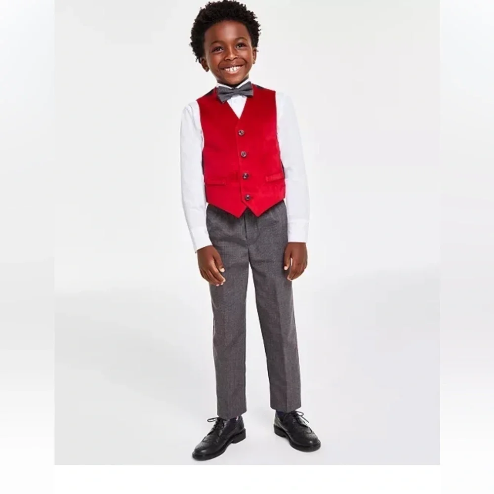 Nautica Shirt,Vest,Pants and Bow-Tie Set Little Boys 7 White/Dark Red/Gray 6